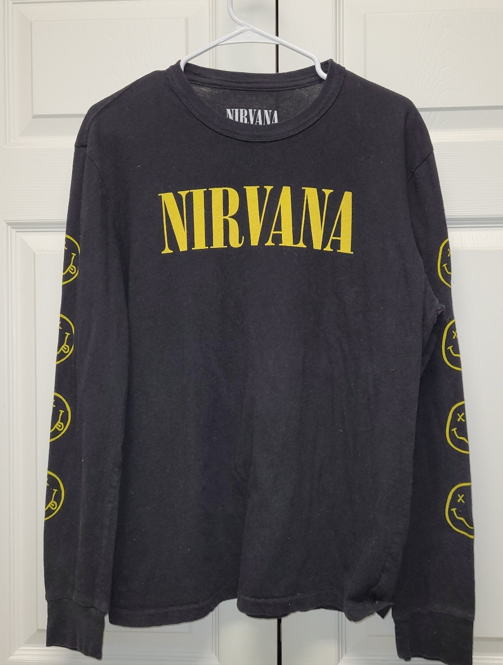 NIRVANA Black Tee with Yellow Logo and Sleeve Smiley Graphics